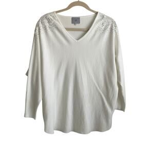 Liv Milano Women Sweater 1X Ivory Crochet Gem Flower Shoulder Cottagecore Whimsy